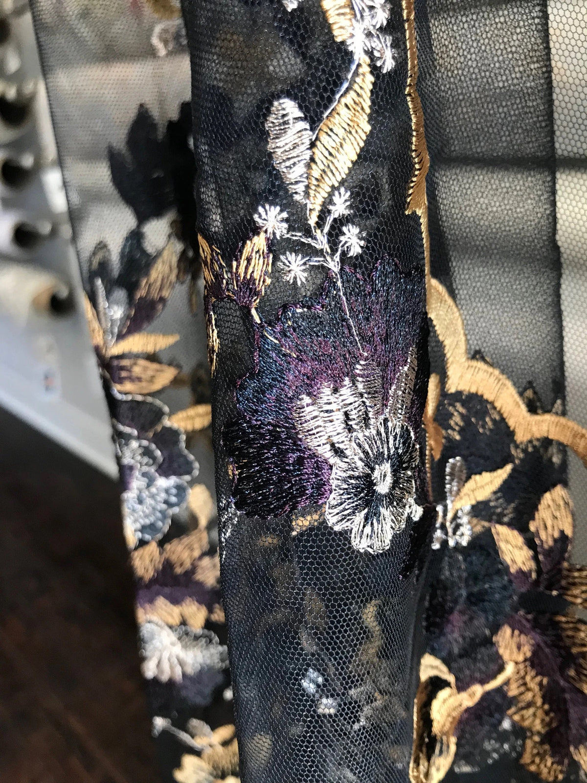 Dark Goldenrod, Black, and Gold Embroidery on Black Tulle- 52