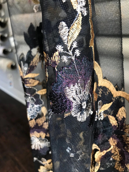 Dark Goldenrod, Black, and Gold Embroidery on Black Tulle- 52" wide