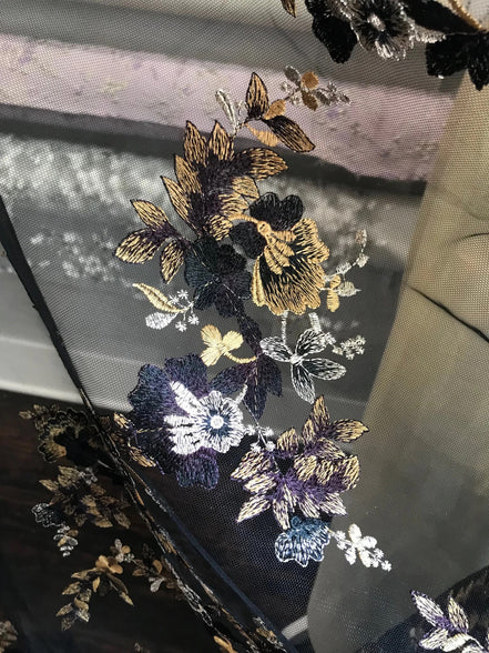 Dark Goldenrod, Black, and Gold Embroidery on Black Tulle- 52" wide
