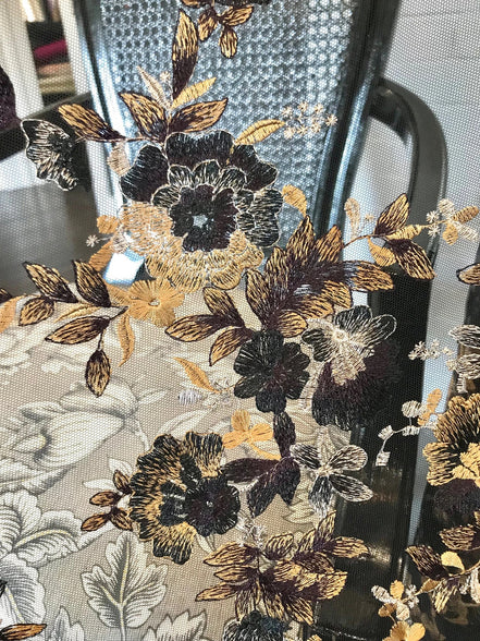Dark Goldenrod, Black, and Gold Embroidery on Black Tulle- 52" wide