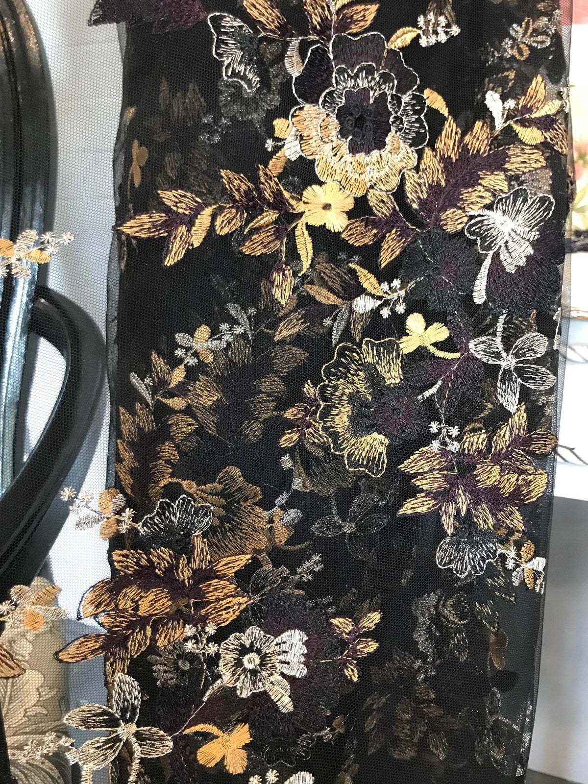 Dark Goldenrod, Black, and Gold Embroidery on Black Tulle- 52