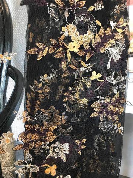 Dark Goldenrod, Black, and Gold Embroidery on Black Tulle- 52" wide