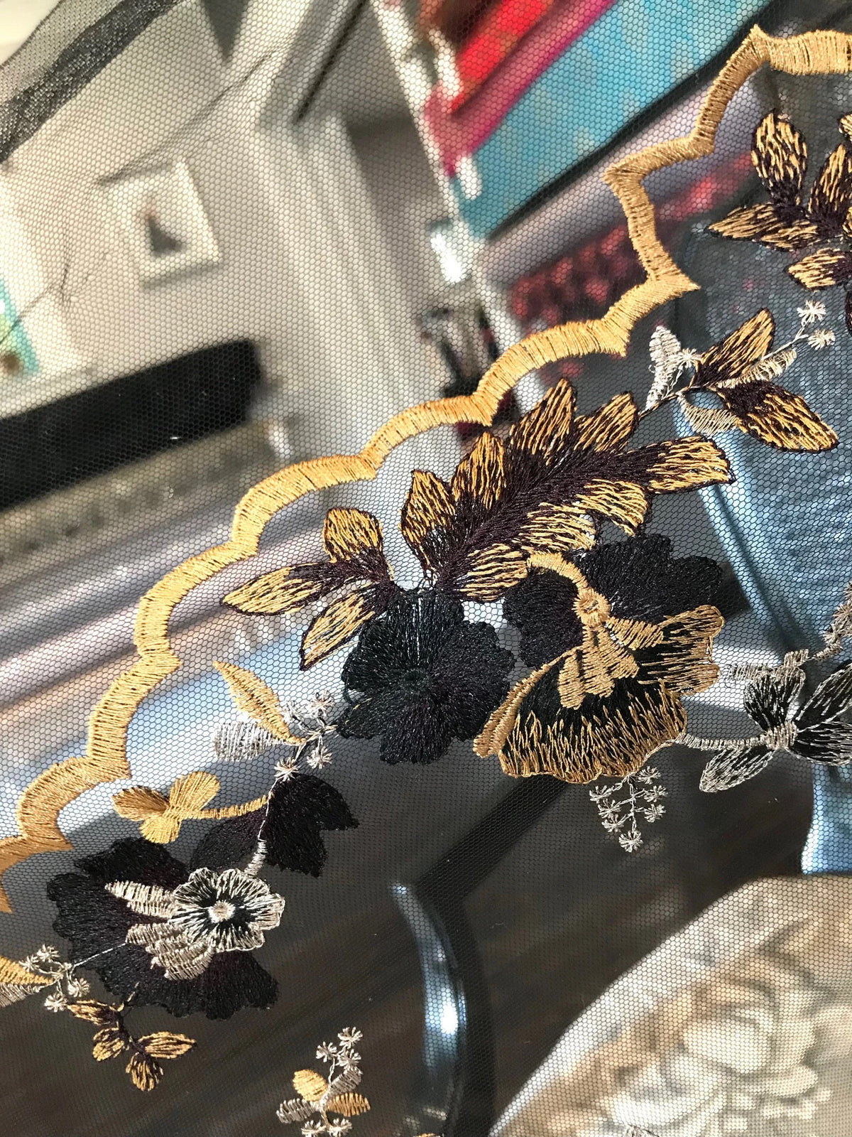 Dark Goldenrod, Black, and Gold Embroidery on Black Tulle- 52