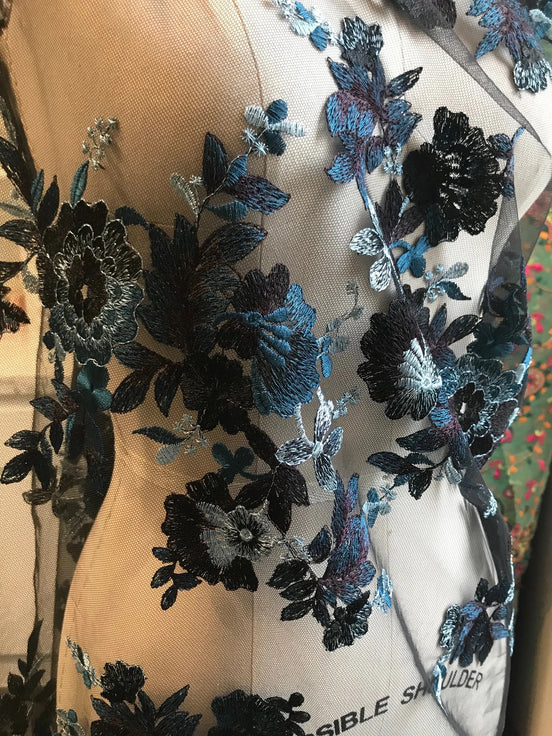 Black and Teal Embroidery on Tulle- 52” Wide- (109)