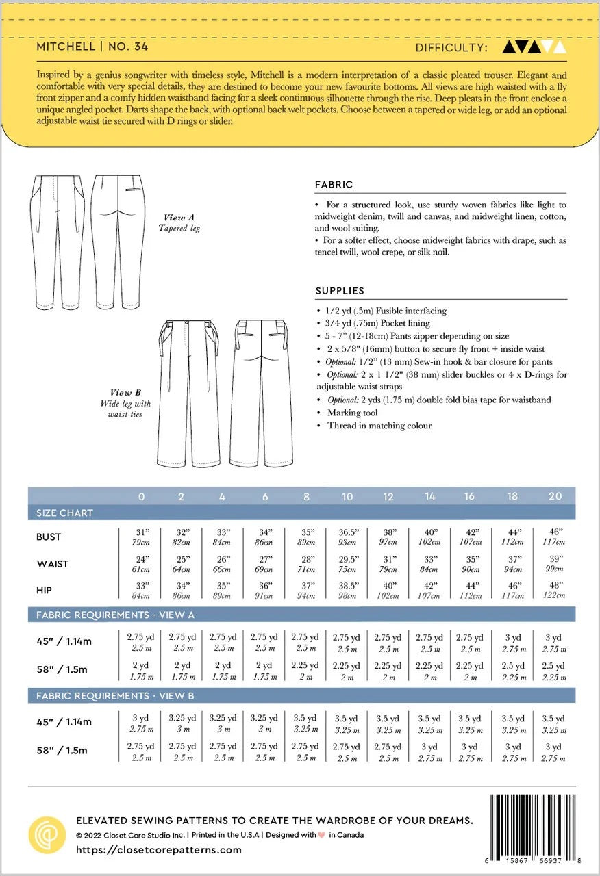 Mitchell Trousers- Closet Core Paper Pattern