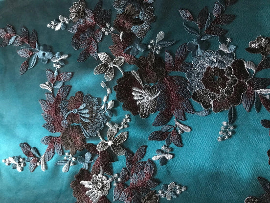 Black and Teal Embroidery on Tulle- 52” Wide- (109)