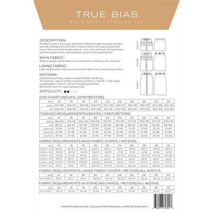 Blair Skirt- True Bias Paper Pattern- Sizes- 0-18, 14-32