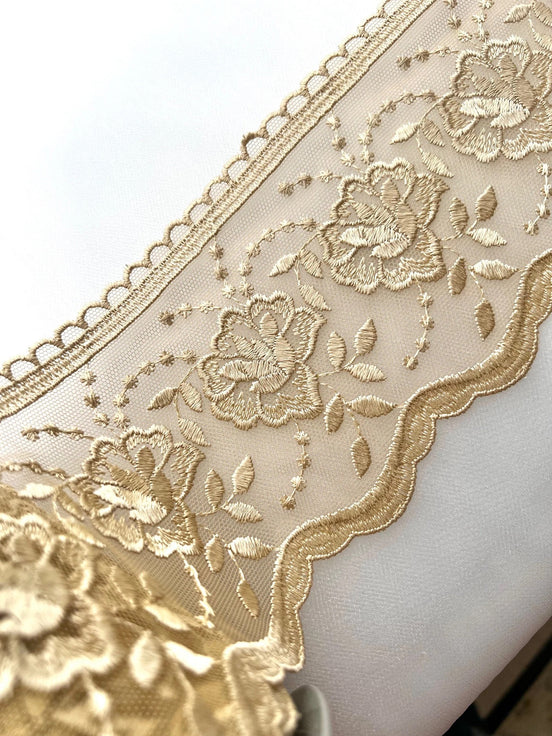 Non-Metallic Gold Floral Embroidery on Tulle- Lace Trim 3519- 4 1/8" Wide