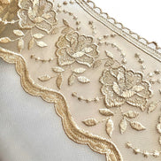 Non-Metallic Gold Floral Embroidery on Tulle- Lace Trim 3519- 4 1/8