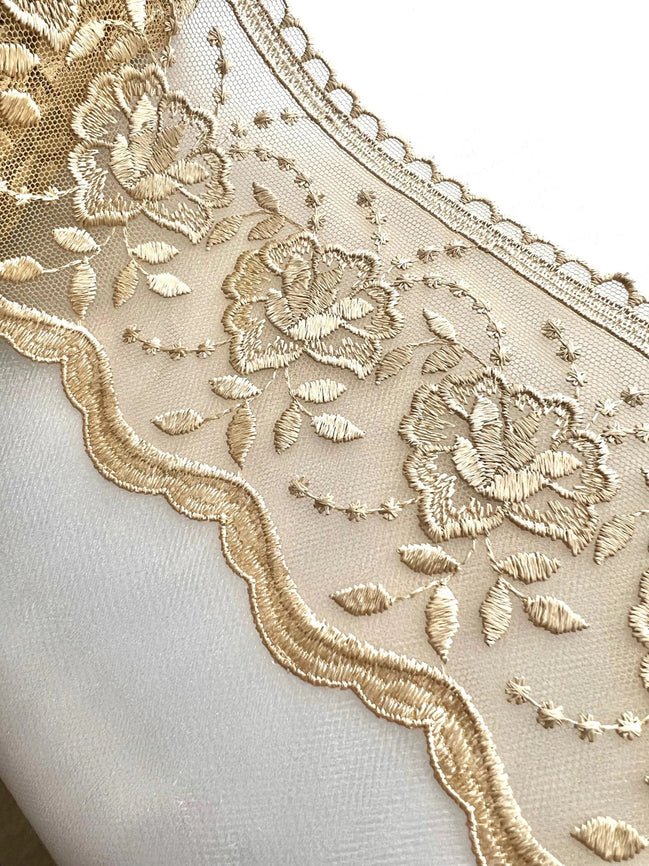 Non-Metallic Gold Floral Embroidery on Tulle- Lace Trim 3519- 4 1/8" Wide