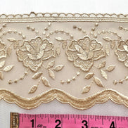 Non-Metallic Gold Floral Embroidery on Tulle- Lace Trim 3519- 4 1/8