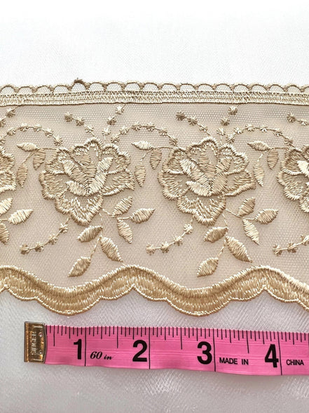 Non-Metallic Gold Floral Embroidery on Tulle- Lace Trim 3519- 4 1/8" Wide