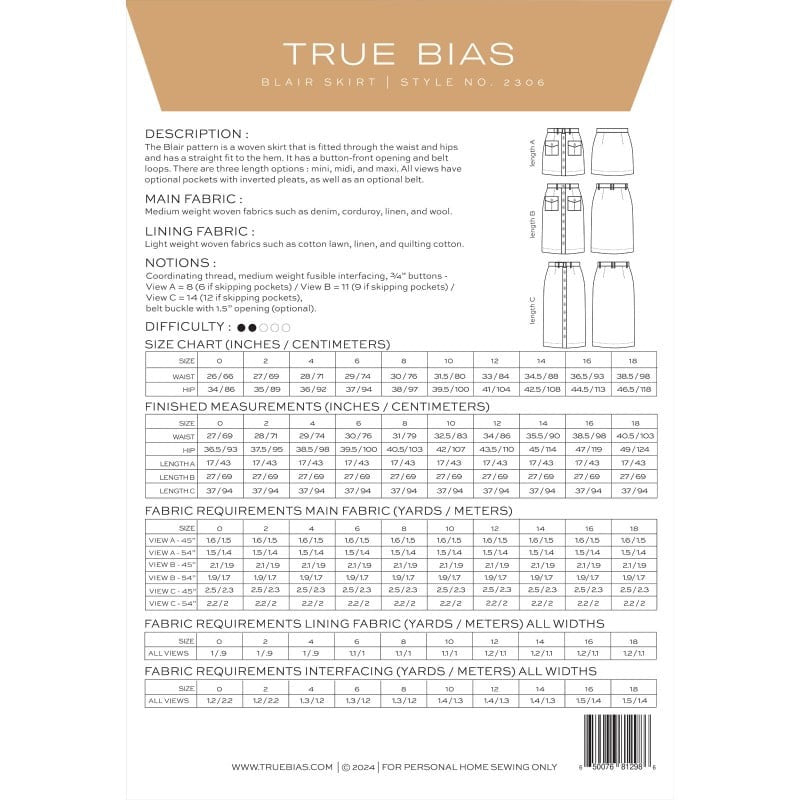 Blair Skirt- True Bias Paper Pattern- Sizes- 0-18, 14-32