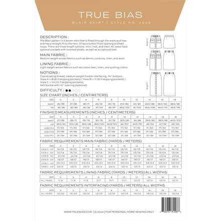 Blair Skirt- True Bias Paper Pattern- Sizes- 0-18, 14-32