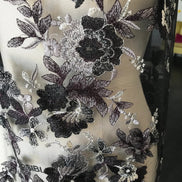 Black, Dark Eggplant, and Gray Embroidery on Tulle- 52” Wide (107)