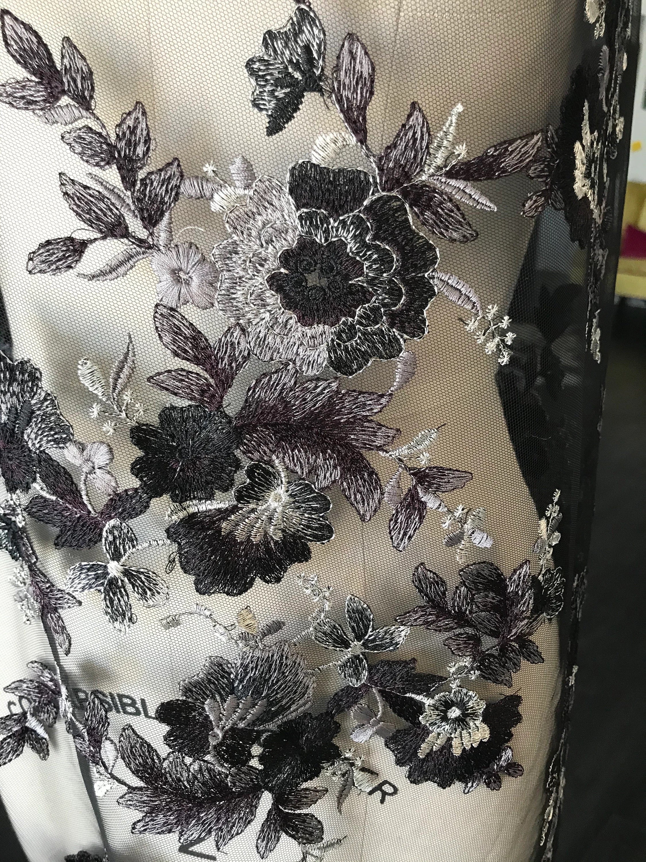 Black, Dark Eggplant, and Gray Embroidery on Tulle- 52” Wide (107)