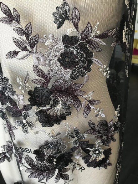 Black, Dark Eggplant, and Gray Embroidery on Tulle- 52” Wide (107)