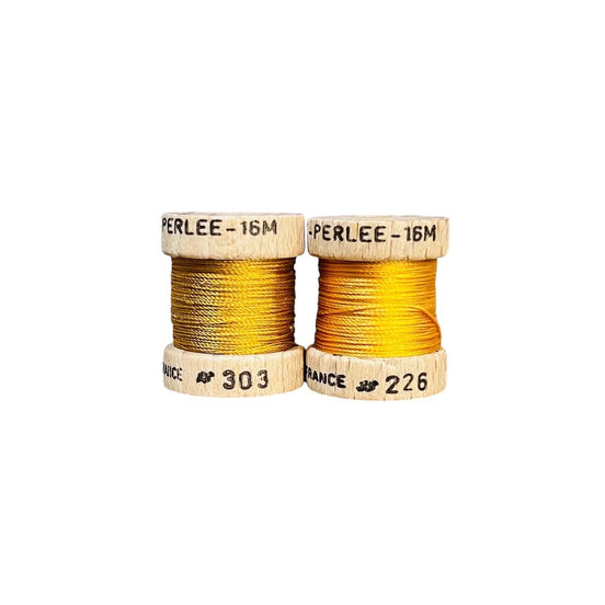 Au Ver A Soie- Soie Perlée- Mustard Yellow Shades- 3 WOODEN Spools 100% Silk Thread