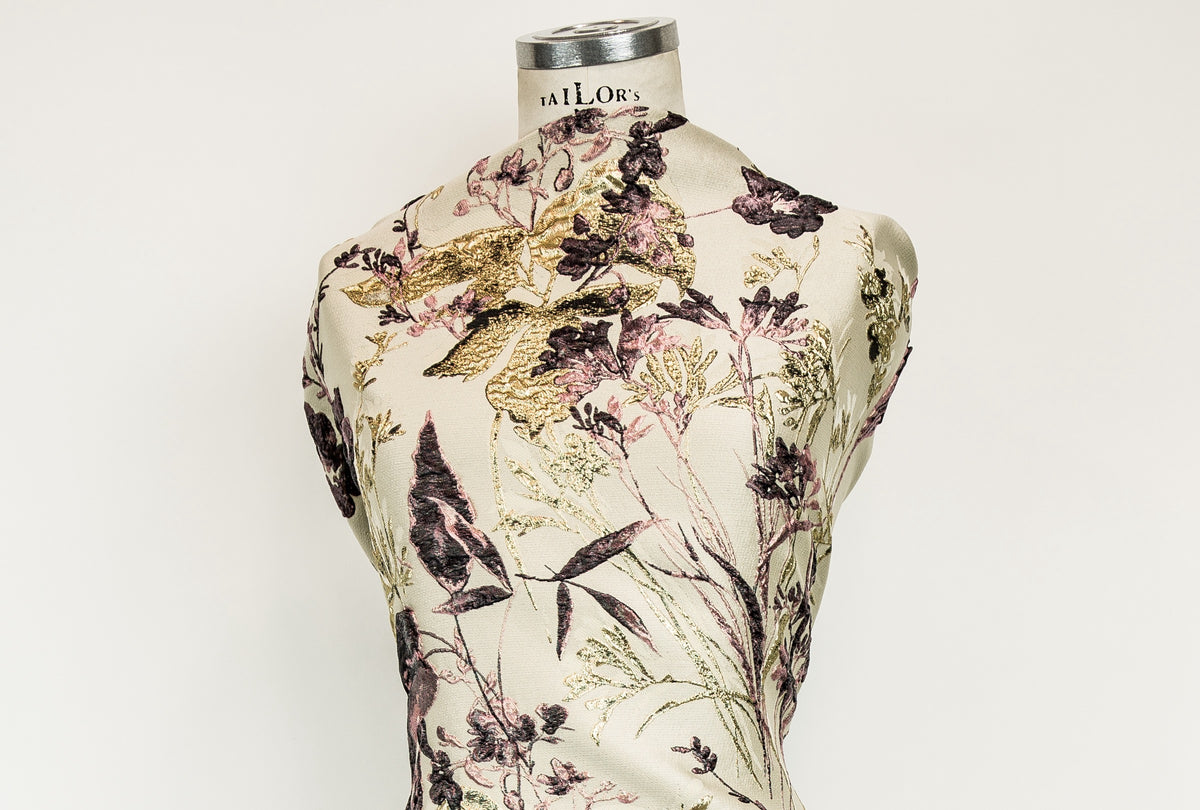 Deep Purple, Pink, Gold Floral on Greige/ Taupe Silk Jacquard/ Cloque Brocade (1731)