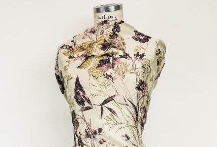 Deep Purple, Pink, Gold Floral on Greige/ Taupe Silk Jacquard/ Cloque Brocade (1731)