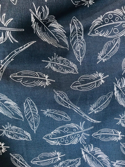 Dark Blue and White Feathers "Panache" Canvas Fabric- 58"