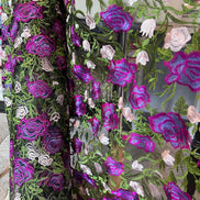 Purple, Pink, Green on Black Floral Embroidered Mesh- 58