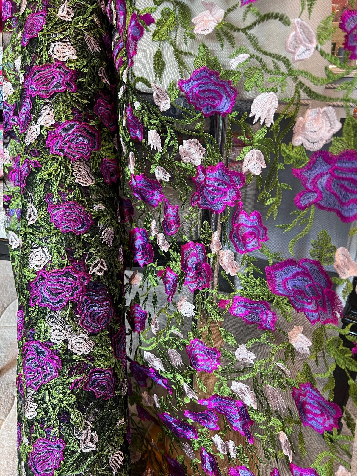 Purple, Pink, Green on Black Floral Embroidered Mesh- 58