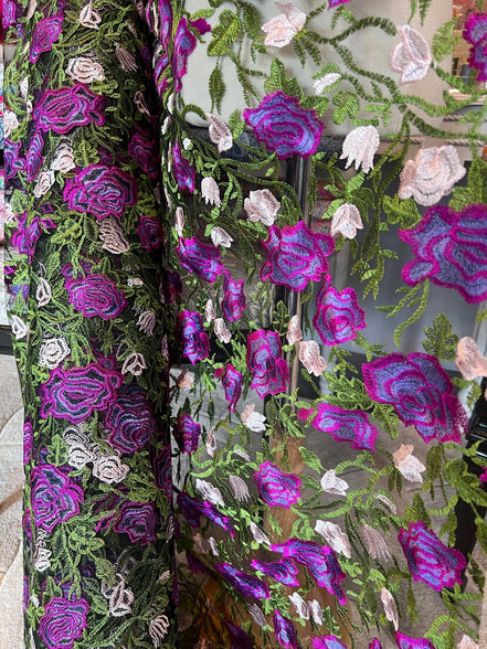 Purple, Pink, Green on Black Floral Embroidered Mesh- 58" (130)