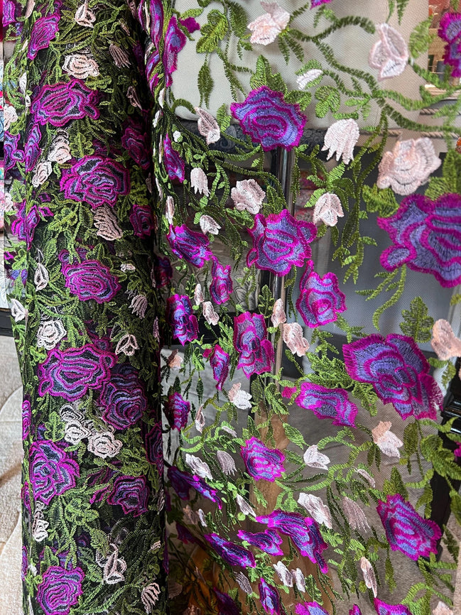 Purple, Pink, Green on Black Floral Embroidered Mesh- 58" (130)
