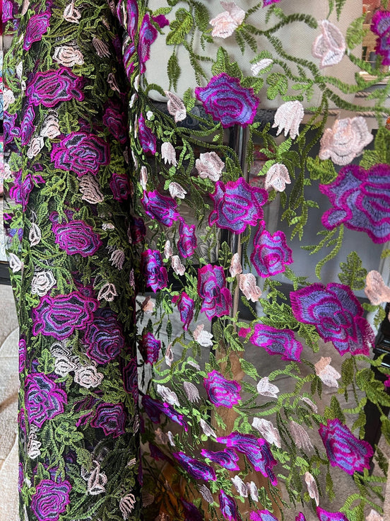 Purple, Pink, Green on Black Floral Embroidered Mesh- 58" (130)