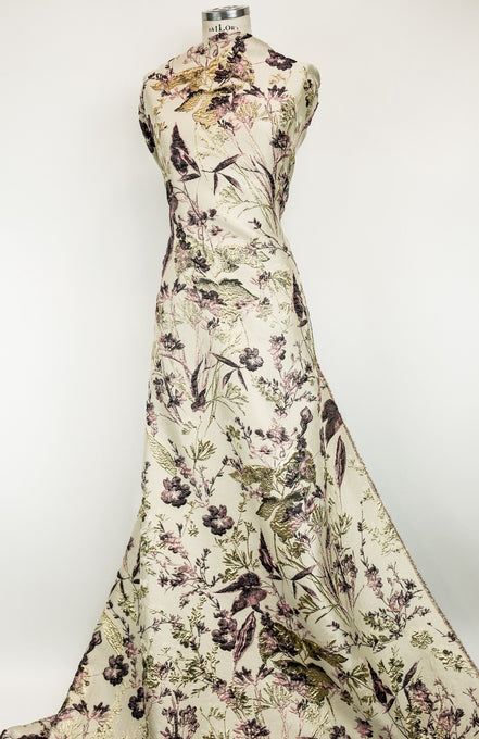 Deep Purple, Pink, Gold Floral on Greige/ Taupe Silk Jacquard/ Cloque Brocade (1731)