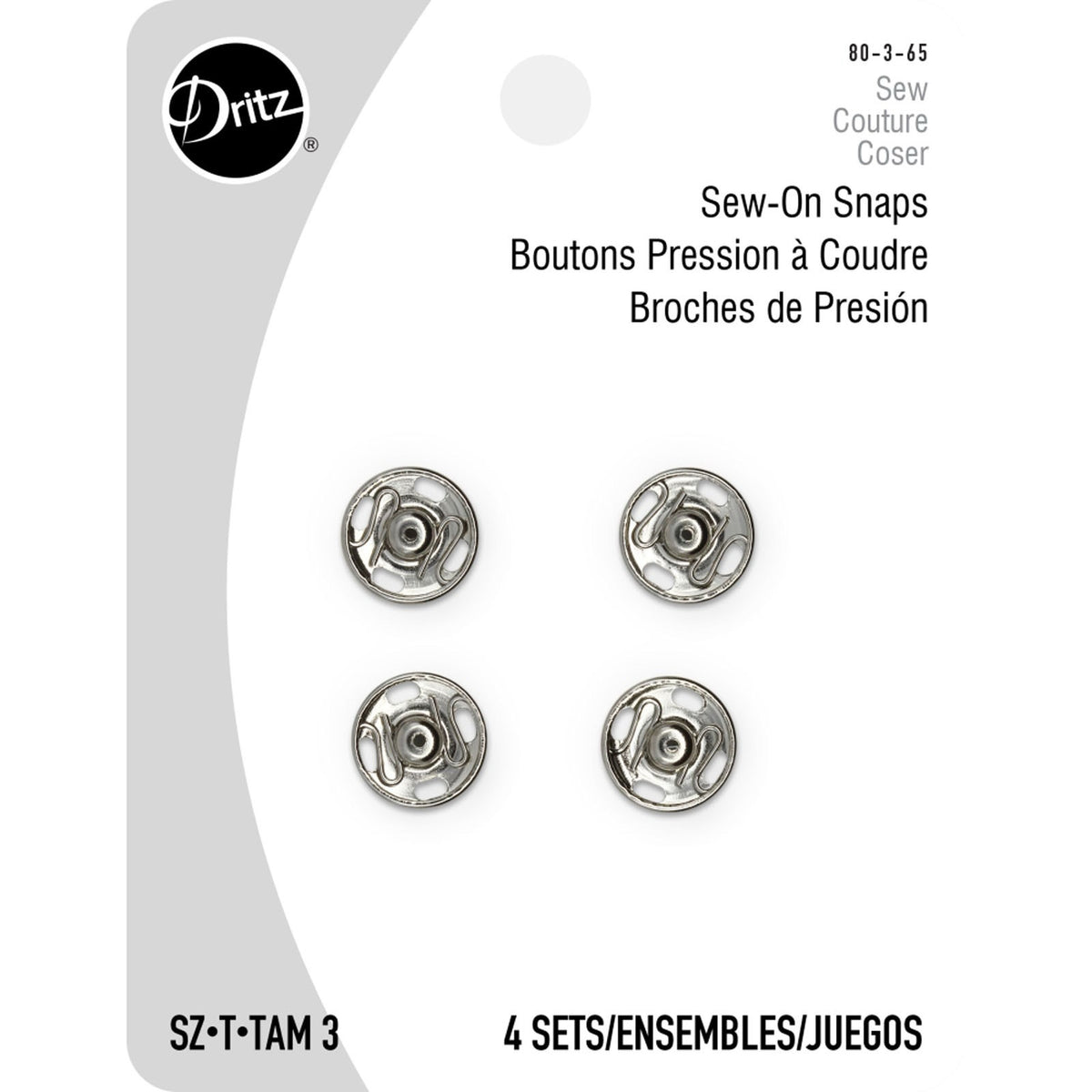 Sew-On Snaps Size 3, Silver- Card of 4 Snap Sets- Dritz