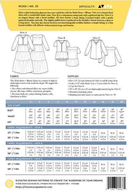 Nicks Dress & Blouse- Closet Core Paper Pattern