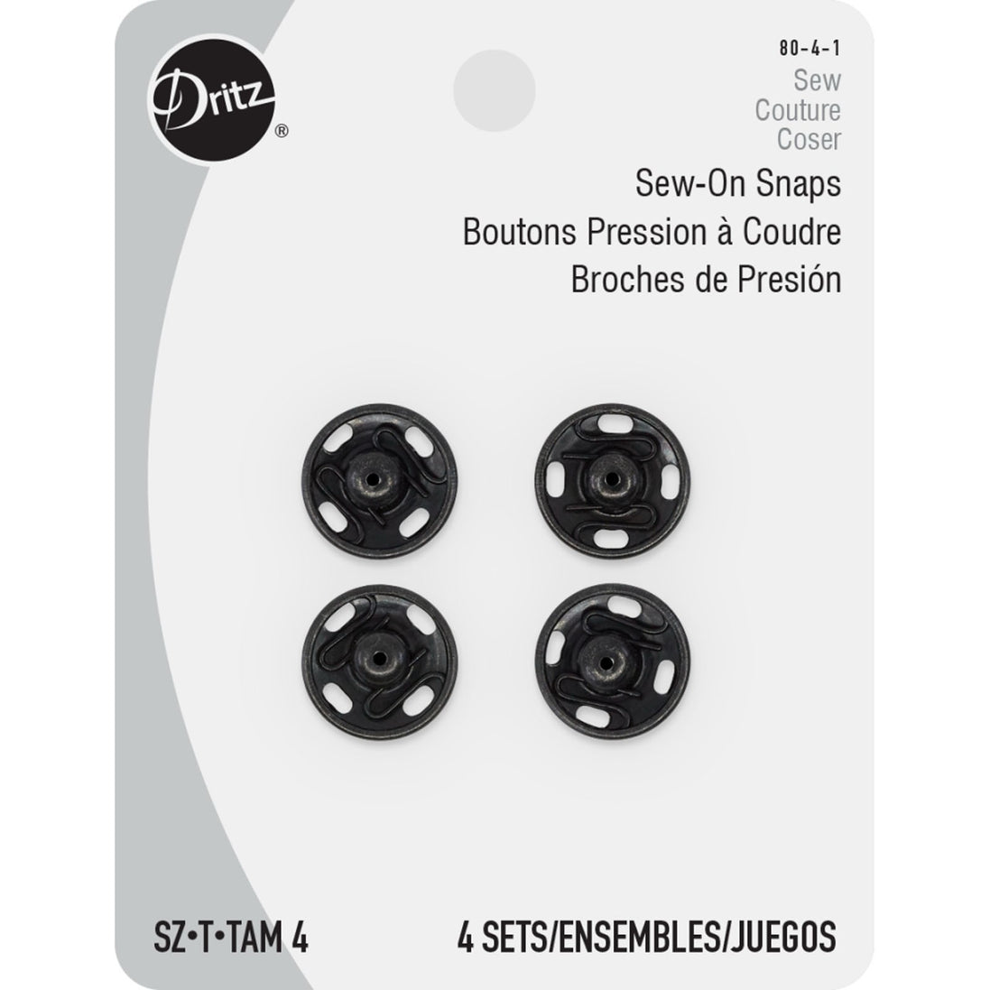 Sew-On Snaps Size 4, Black- Card of 4 Snap Sets- Dritz