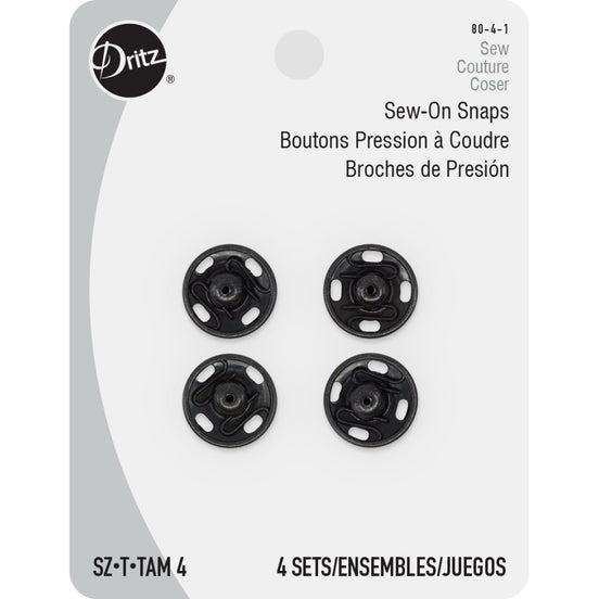 Sew-On Snaps Size 4, Black- Card of 4 Snap Sets- Dritz