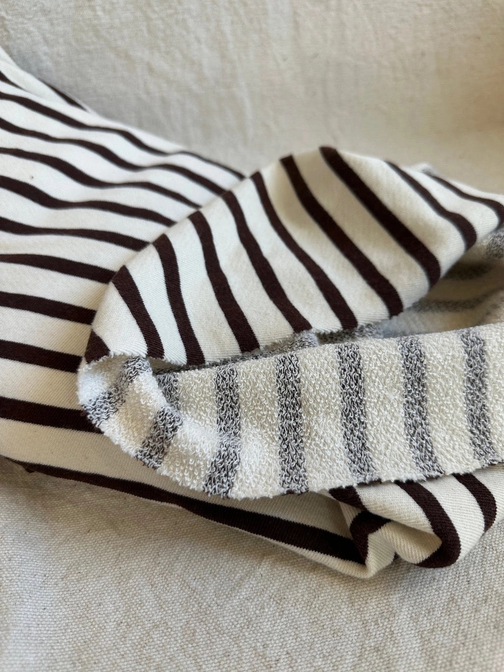 Large Loop American Milled Organic Cotton French Terry- Black Striped on Creamy- 56” Wide