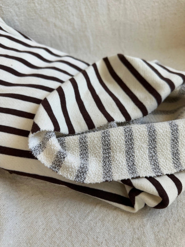 Large Loop American Milled Organic Cotton French Terry- Black Striped on Creamy- 56” Wide