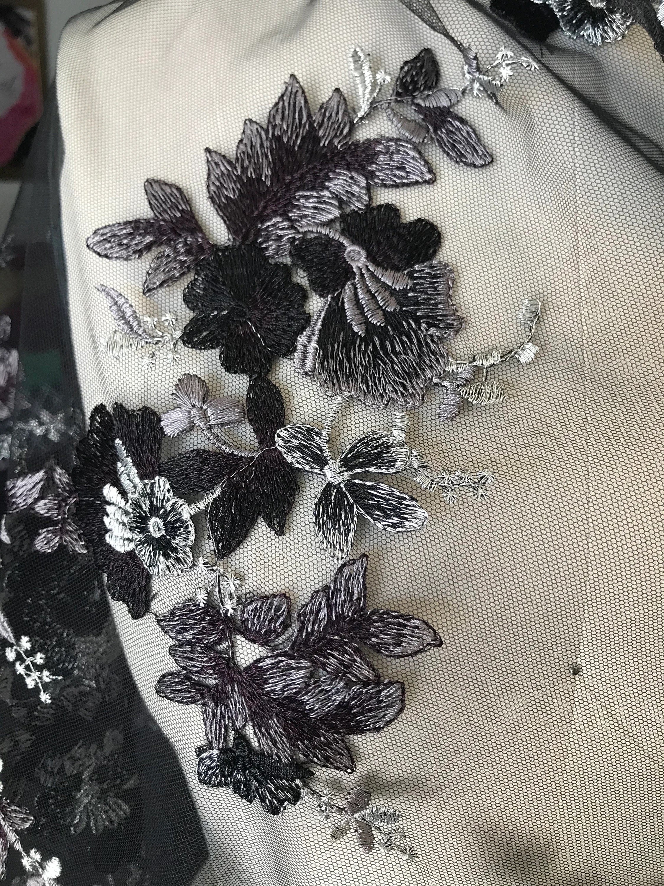 Black, Dark Eggplant, and Gray Embroidery on Tulle- 52” Wide (107)