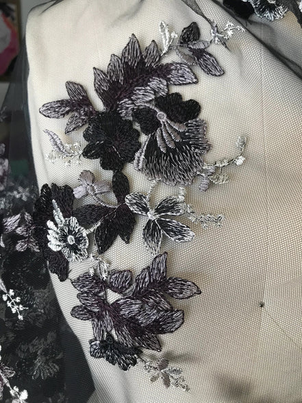 Black, Dark Eggplant, and Gray Embroidery on Tulle- 52” Wide (107)