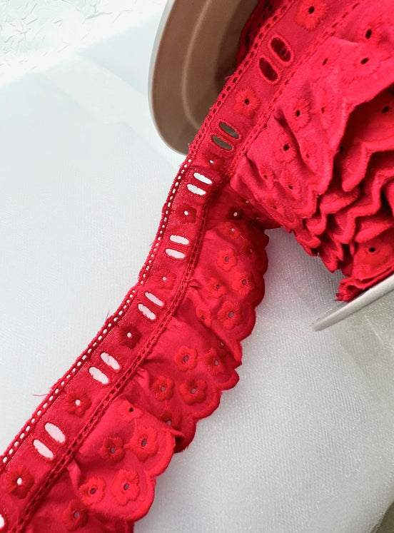 Petite Flowers Red- 1.75"- 100% Cotton Gathered Eyelet- Broderie Anglaise- 5295