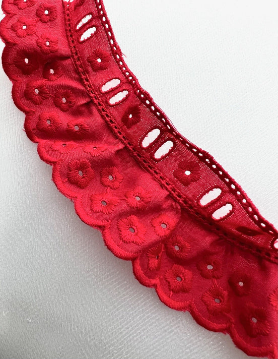 Petite Flowers Red- 1.75"- 100% Cotton Gathered Eyelet- Broderie Anglaise- 5295