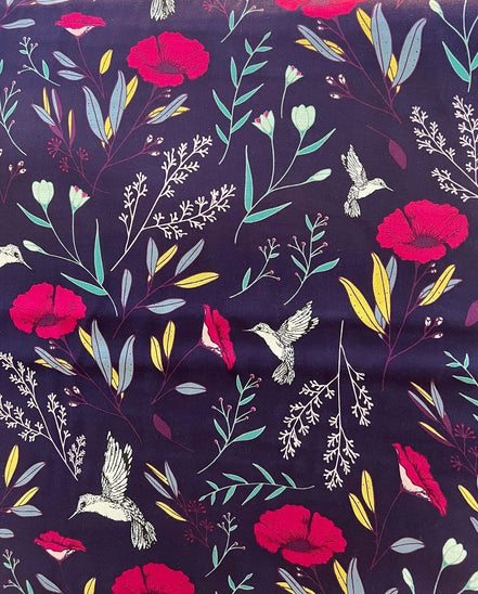 Yellow, Fuchsia, Green on Navy Blue "Magic Fauna Mystique" Rayon Challis Fabric
