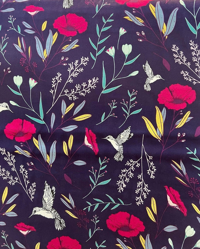 Yellow, Fuchsia, Green on Navy Blue "Magic Fauna Mystique" Rayon Challis Fabric