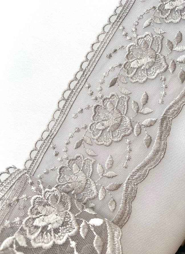 Gray Floral Embroidery on Tulle- Lace Trim 3519- 4 1/8" Wide