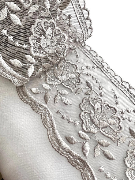 Gray Floral Embroidery on Tulle- Lace Trim 3519- 4 1/8" Wide
