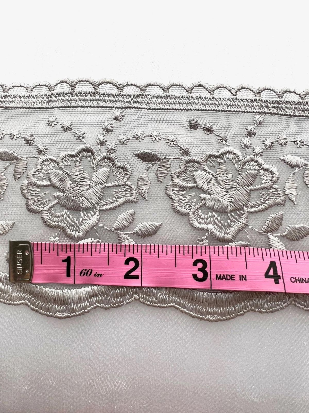 Gray Floral Embroidery on Tulle- Lace Trim 3519- 4 1/8