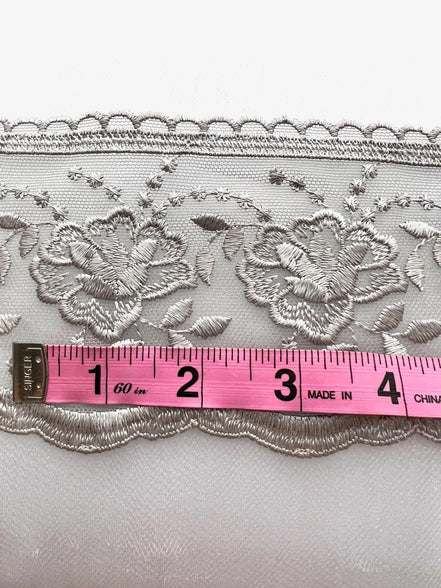 Gray Floral Embroidery on Tulle- Lace Trim 3519- 4 1/8" Wide