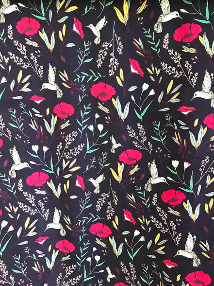 Yellow, Fuchsia, Green on Navy Blue "Magic Fauna Mystique" Rayon Challis Fabric