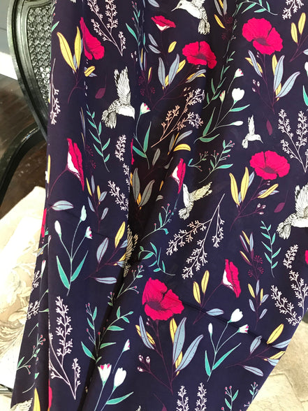Yellow, Fuchsia, Green on Navy Blue "Magic Fauna Mystique" Rayon Challis Fabric