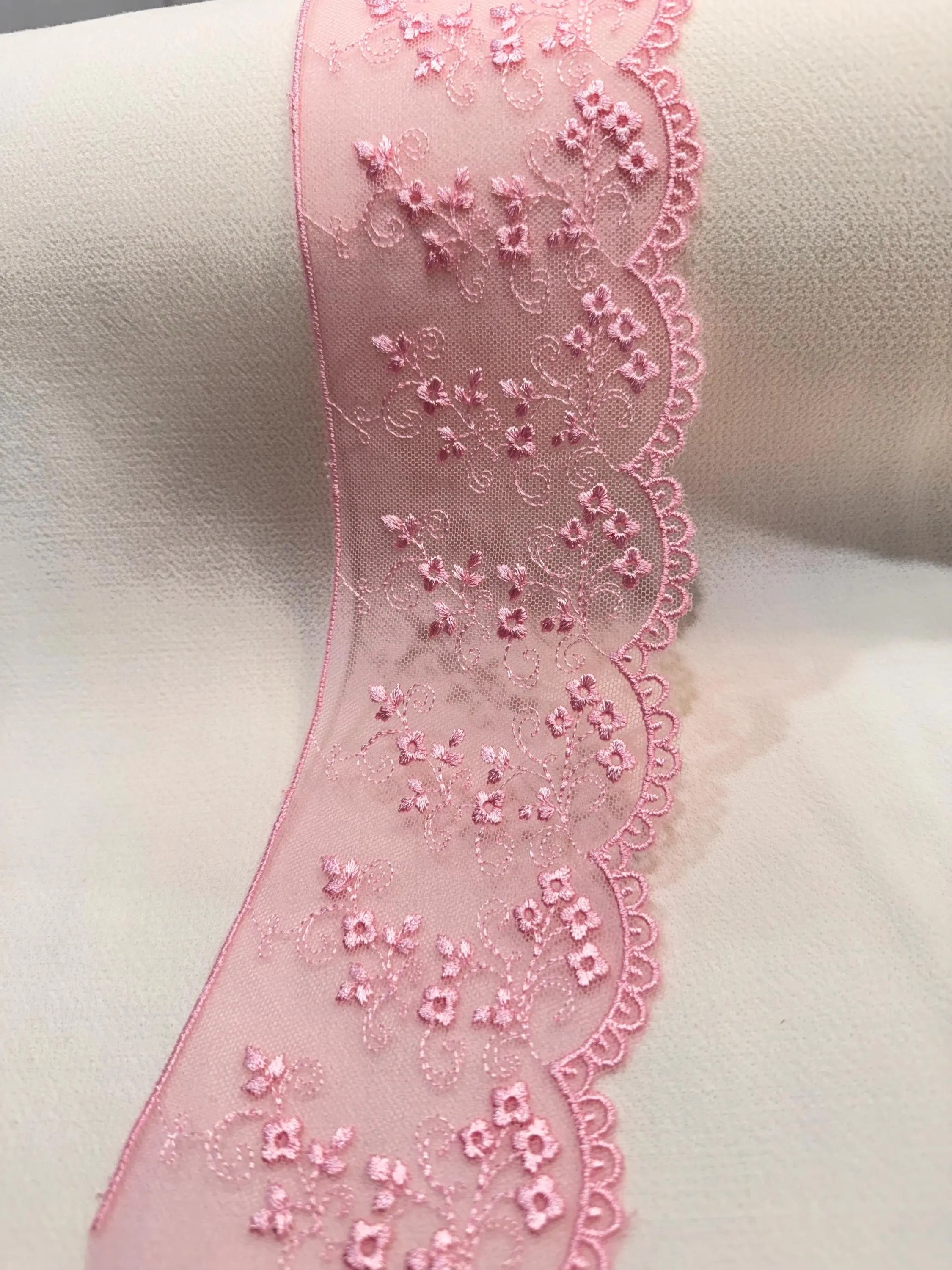 Pink Embroidered Tulle Trim- 3.25” Wide- Scalloped Edge (3801)